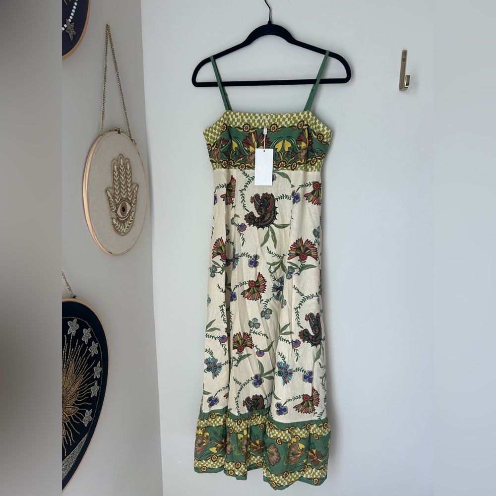 Viral Caroline Constas Floral Green Cream Maxi Sun Dress